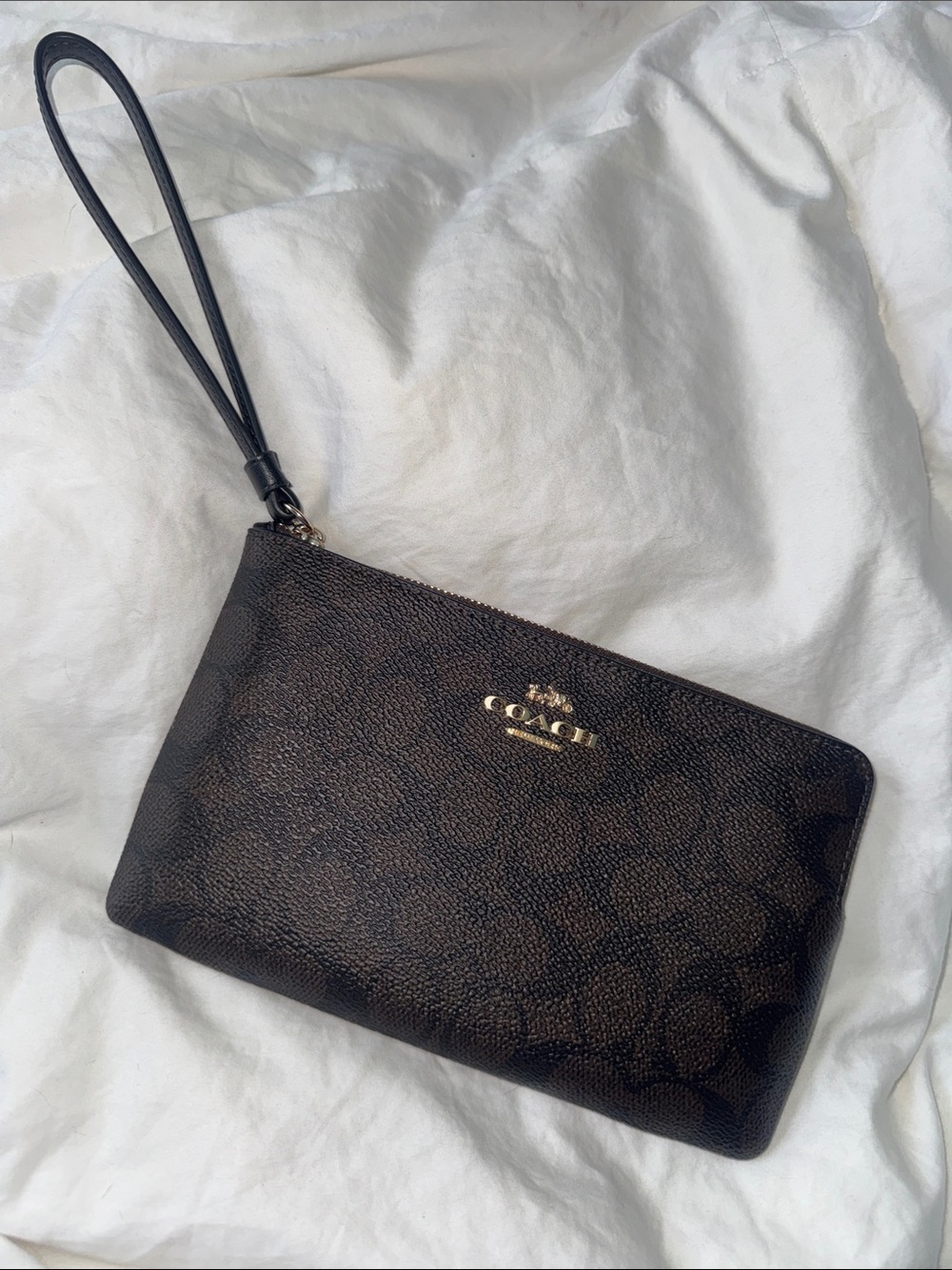Coach Dark Brown Signature Wristlet with Gold Logo